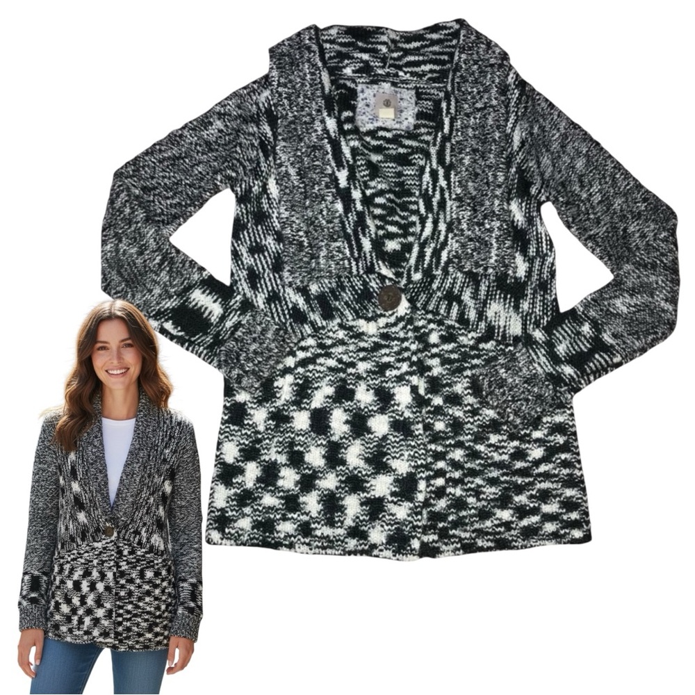 Element Black White Knit Snap Down Cardigan Sweater - Women’s Medium - Picture 2 of 11